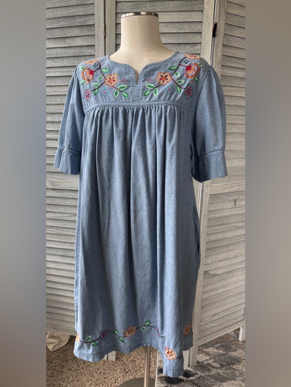 Bechamel Vintage Light Blue Embroidered Floral Casual Cotton Dress